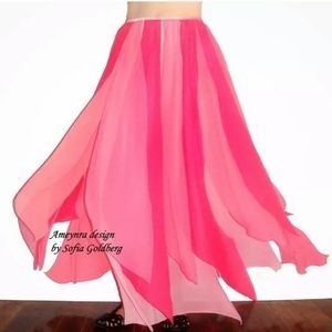 Ameynra Belly dance Petal Skirt. Coral Pink Chiffon, Maxi, Size M, Elastic waist